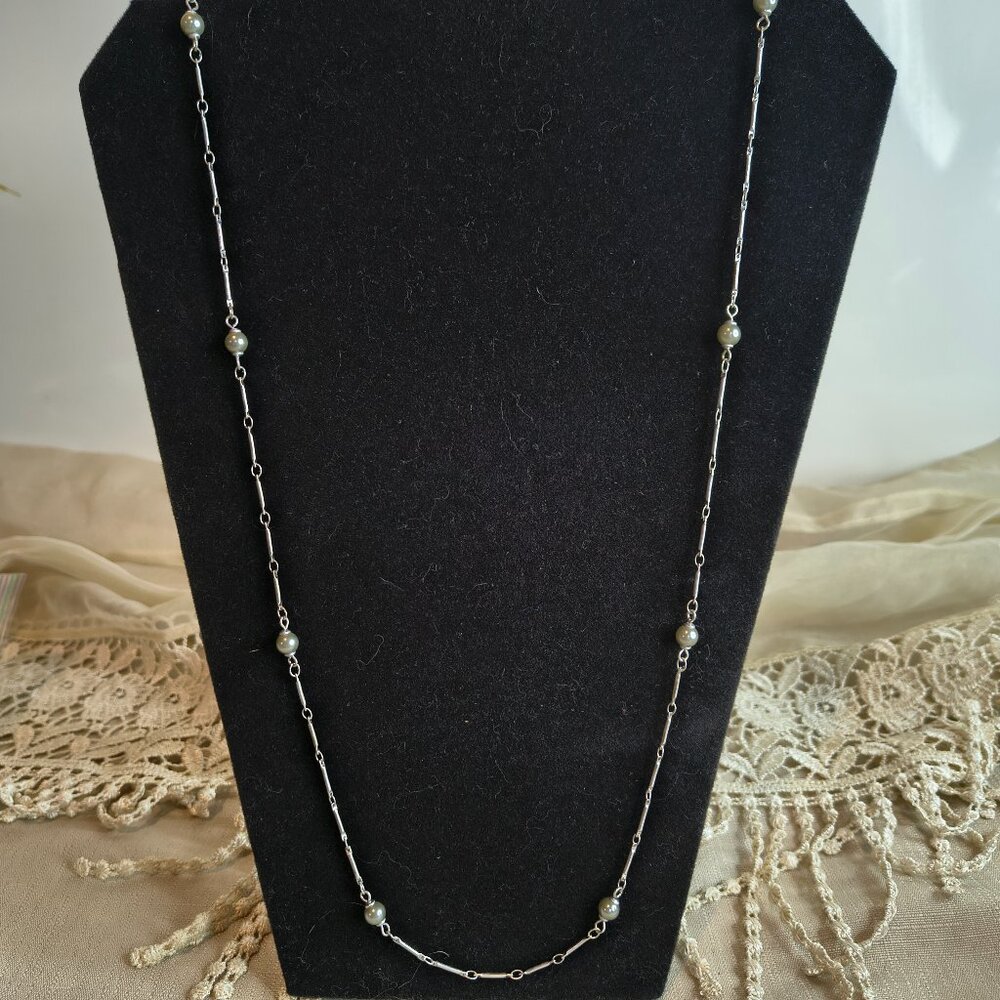 Down East Silver Tone Bars and Glass Pearl Necklace